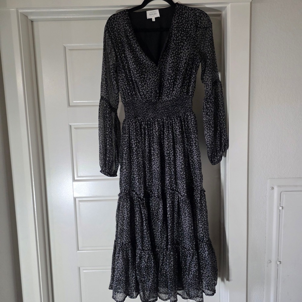 Bohme Black Grey Leopard Print Smocked Tiered Midi Dress Long Sleeve Small